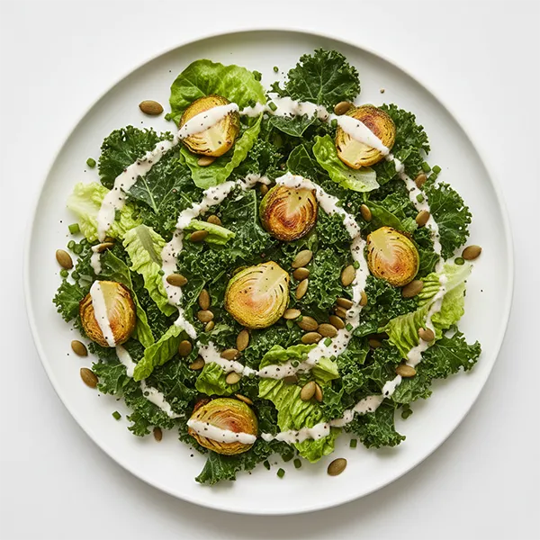 Warm kale and roasted brussels sprout salad with toasted pumpkin seeds and cream cheese dressing